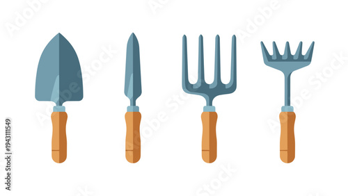 Flat icon set of four common gardening hand tools including a trowel transplanter hand fork and rake with wooden handles and metal heads.