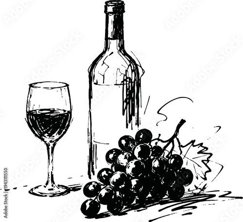 Wine bottle and glass with grape cluster illustration in black ink drawing
