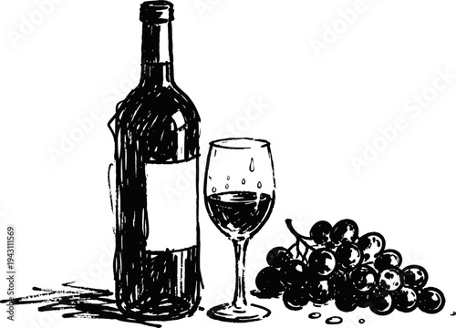 Hand drawn bottle of red wine with wine glass and bunch of grapes illustration