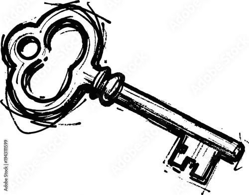 Vintage skeleton key sketch old fashioned antique door key drawn in black ink retro classic lock opener illustration