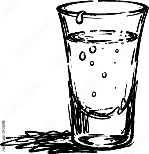 Clear glass of water with bubbles hand drawn liquid refreshment illustration