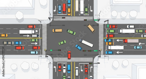 Aerial View of Busy City Intersection with Heavy Traffic.