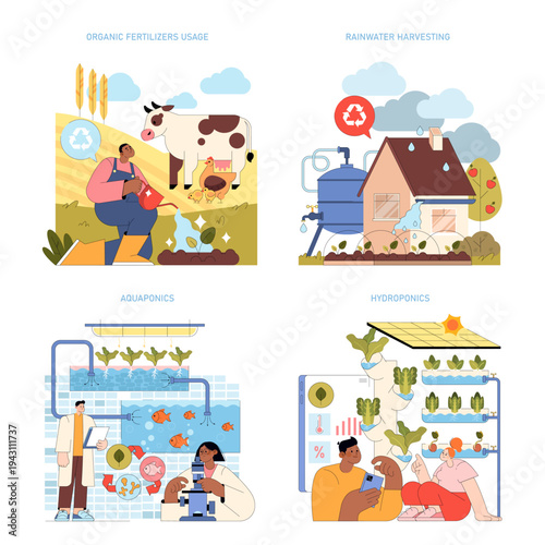 Sustainable Farming Techniques Vector Illustration Set