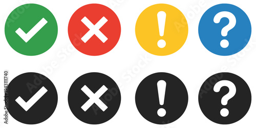 Eight vector circular icons with white symbols including checkmarks, crosses, exclamation points, and question marks, perfect for dashboards, app interfaces, alerts, and informational graphics.