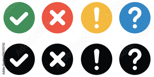 Eight circular icons with white checkmarks, crosses, exclamation marks, and question marks, vector set for status indicators, notifications, alerts, confirmations, errors, and information in apps, das