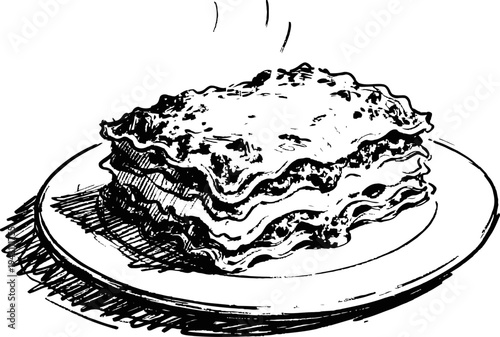 Steaming hot lasagna slice on a plate, italian layered pasta dish with sauce and cheese