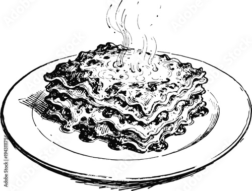 Delicious steaming lasagna layered with cheese and sauce on a white plate illustration