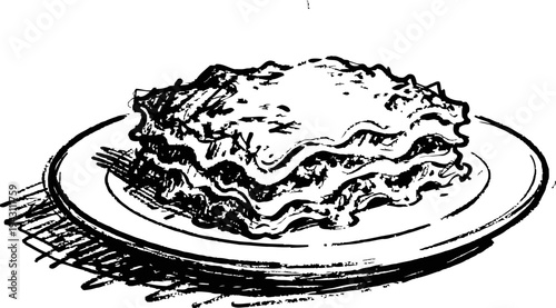 Classic lasagna slice on plate, hand drawn illustration of layered italian pasta dish