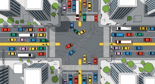 Aerial View of Busy City Intersection with Traffic.