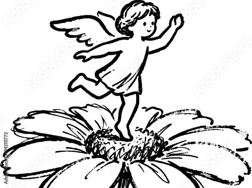 Cherubic angel figure flying above a large blooming flower with delicate petals and detailed center