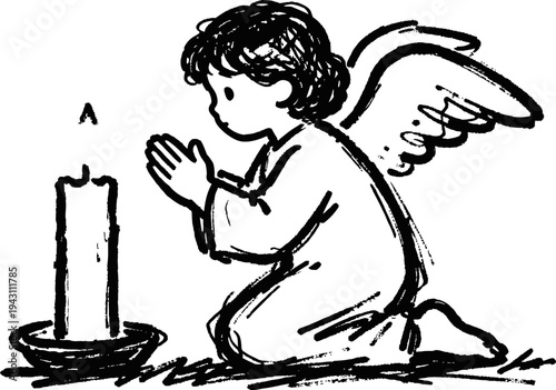 Cute angel kneeling and praying by a lit candle, religious illustration with wings and devotion