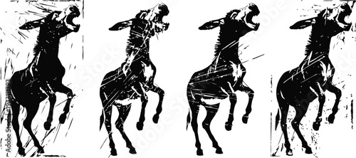 four rearing horses silhouette set in dynamic movement with hand drawn ink