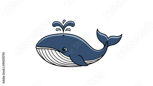 Cute cartoon blue whale blowing water from its blowhole with a friendly smile shown swimming in a minimalist illustrative style.
