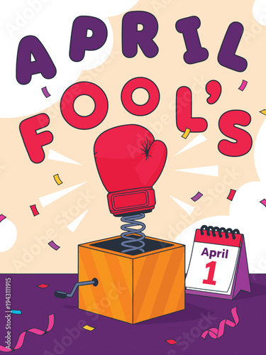 Vibrant illustration for April Fool's Day featuring a jack-in-the-box with a boxing glove, confetti, and a calendar showing April 1st.