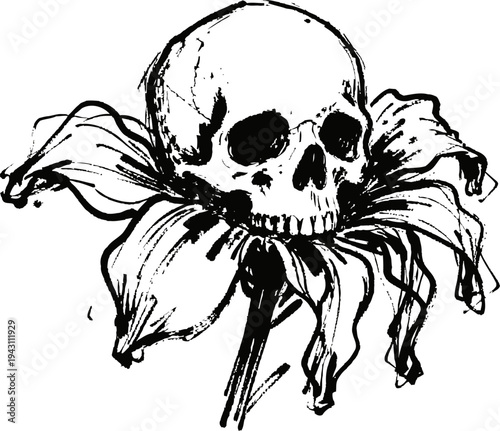 Black and white skull with flower petals illustration gothic macabre art symbol of mortality and decay