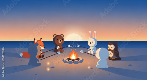 Forest animals gathered around campfire on beach at sunset vector illustration
