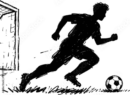silhouette of soccer player sprinting with ball near goal during game