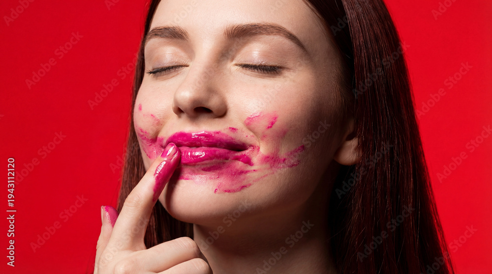 Fototapeta premium Creative expression shines as a woman playfully experiments with bright pink lipstick on her lips and fingers against a vibrant red background