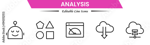 Analysis icons depicting data evaluation, charts, graphs, statistics, insights, trends, reports, metrics, research, assessment, monitoring, performance, strategy, decision-making, and review.
