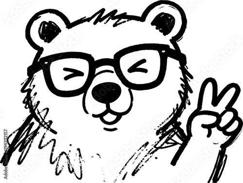 Cute bear wearing glasses showing peace sign hand gesture smiling cheerfully
