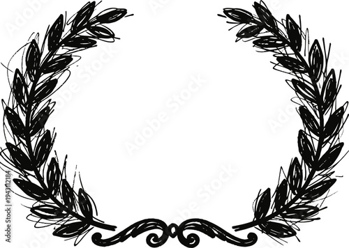 Hand drawn laurel wreath with rough sketch leaves and decorative swirl at the base
