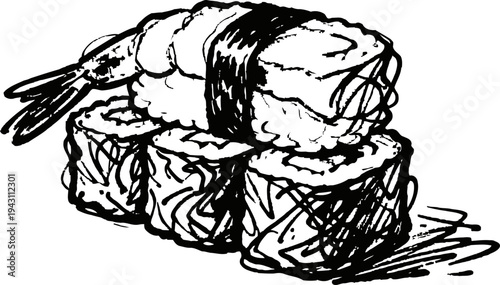 Hand drawn sushi set with shrimp nigiri and maki rolls, traditional japanese seafood cuisine illustration