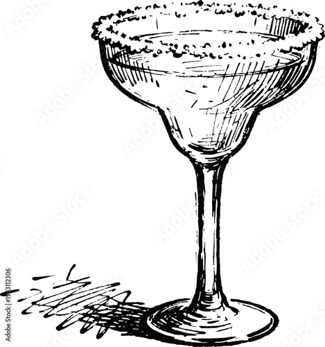 Classic margarita cocktail glass with salted rim illustration in vintage sketch