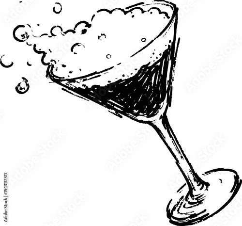 Hand drawn cocktail glass with bubbles, festive drink illustration for celebration and party concept