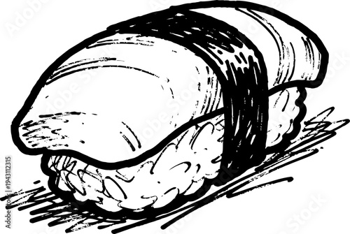 Hand drawn sushi illustration with rice and fish wrapped in seaweed, traditional japanese cuisine sketch