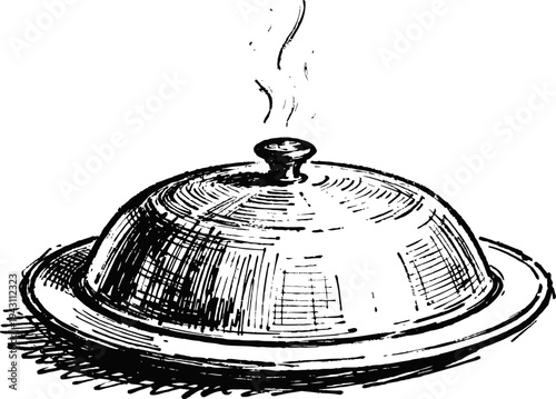 Vintage cloche with steam rising on a plate, serving dome for hot food presentation