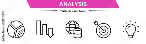 Analysis icons depicting data evaluation, charts, graphs, statistics, insights, trends, reports, metrics, research, assessment, monitoring, performance, strategy, decision-making, and review.
