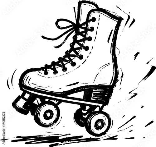 roller skate boot with four wheels and laces, dynamic sketch drawing