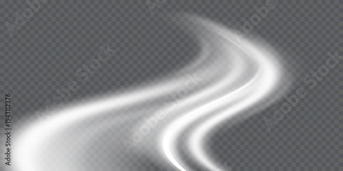 White wind waves effect. Abstract light motion trails with sparkles isolated on black background. Light blue Twirl. Curve light effect of blue line. Luminous blue circle.	
