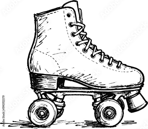 classic roller skate with four wheels and laces, vintage shoe for skating and retro sports