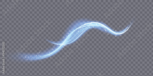 A bright blue light trail with a glowing stream of neon line effect and highlights, a vector graphic isolated on a transparent background.