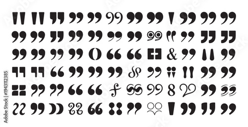 Large variety of quote icons and speech symbols featuring different weights and unique typographic styles