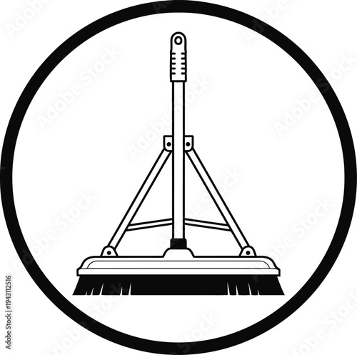 A black and white image of a push broom in a circle