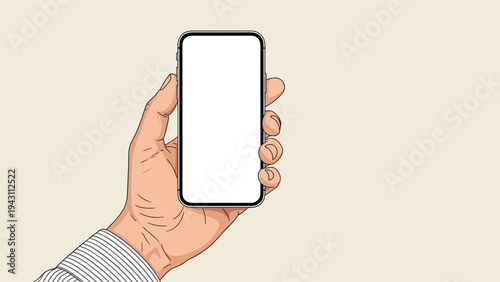 Realistic illustration of a male hand holding a modern smartphone with a blank white screen isolated on a neutral beige background.