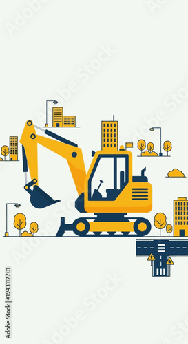Modern Construction Excavator Machine Working on City Project Site