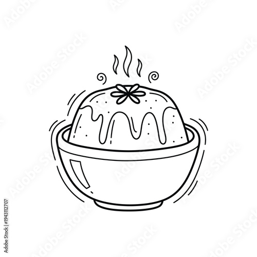 Steaming caramel pudding served in a bowl.