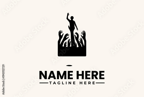 A logo template featuring a silhouette of a triumphant person standing on a crowd with a raised arm, accompanied by placeholder text for a name and tagline on a beige background, with a