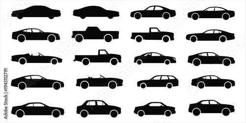 Assortment of Black Silhouette Car Icons on White Background automobile vehicle
