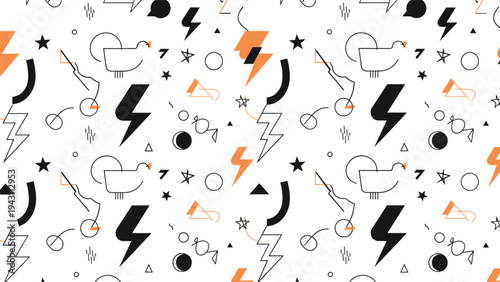 Whimsical seamless pattern of hand-drawn chickens lightning bolts stars and geometric doodles in black and orange on a white backdrop.
