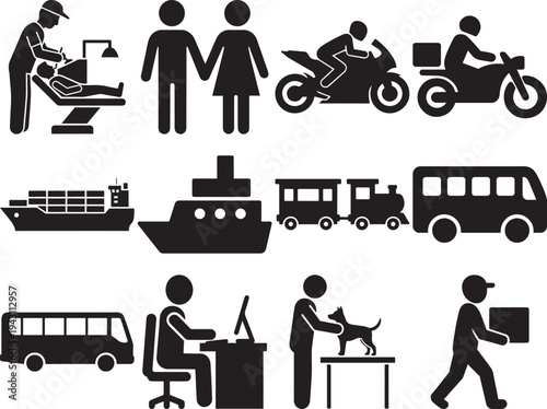 Variety of transportation and occupational stick figures in black