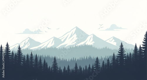 Mountain Landscape with Forest Silhouette.