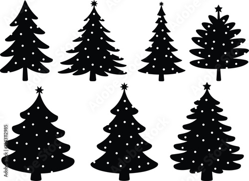 Christmas Tree Silhouettes Set, Black Fir Pine Trees With Star And Ornaments Isolated Holiday Vector Collection