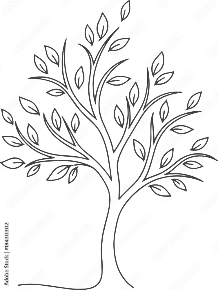 Obraz premium Single continuous line drawing of a beautiful stylized tree with flowing branches and delicate leaves, symbolizing growth and nature