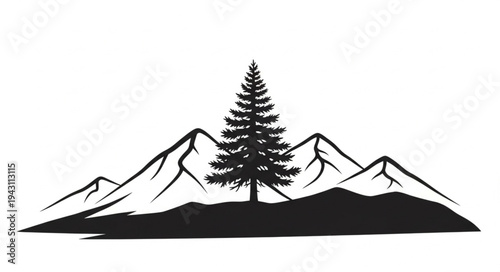 Mountain Landscape with Lone Tree Silhouette.