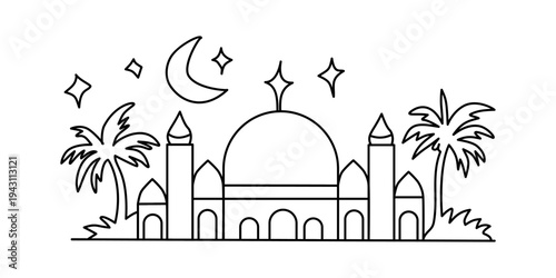 Outline mosque vector illustration with simple line art style. Perfect for Ramadan, Eid celebration, Islamic events, greeting cards, and religious themed designs.