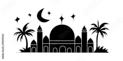 Islamic mosque silhouette with crescent moon and stars, illuminated by celestial light